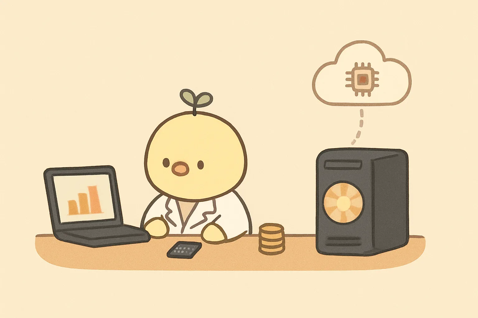 ことり主任がノートパソコンでvast.aiの収益ダッシュボードを確認しているイラスト