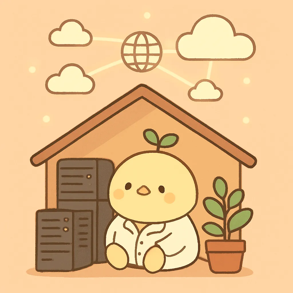 ことり主任の自宅サーバーと、空に広がる外部CDNネットワークが分かれている様子のイラスト