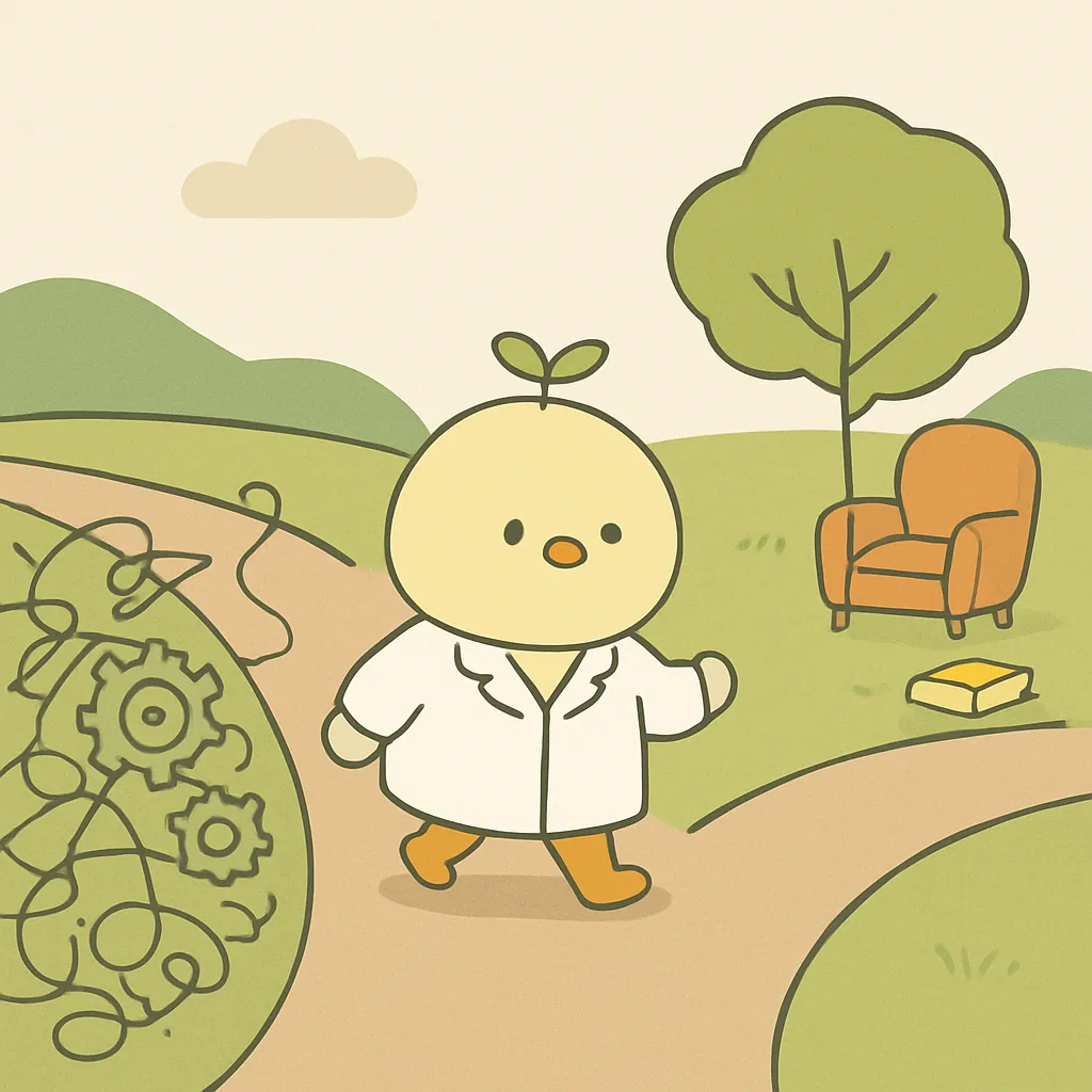 ことり主任が複雑な道ではなく、穏やかな道を選んで歩いていく様子のイラスト