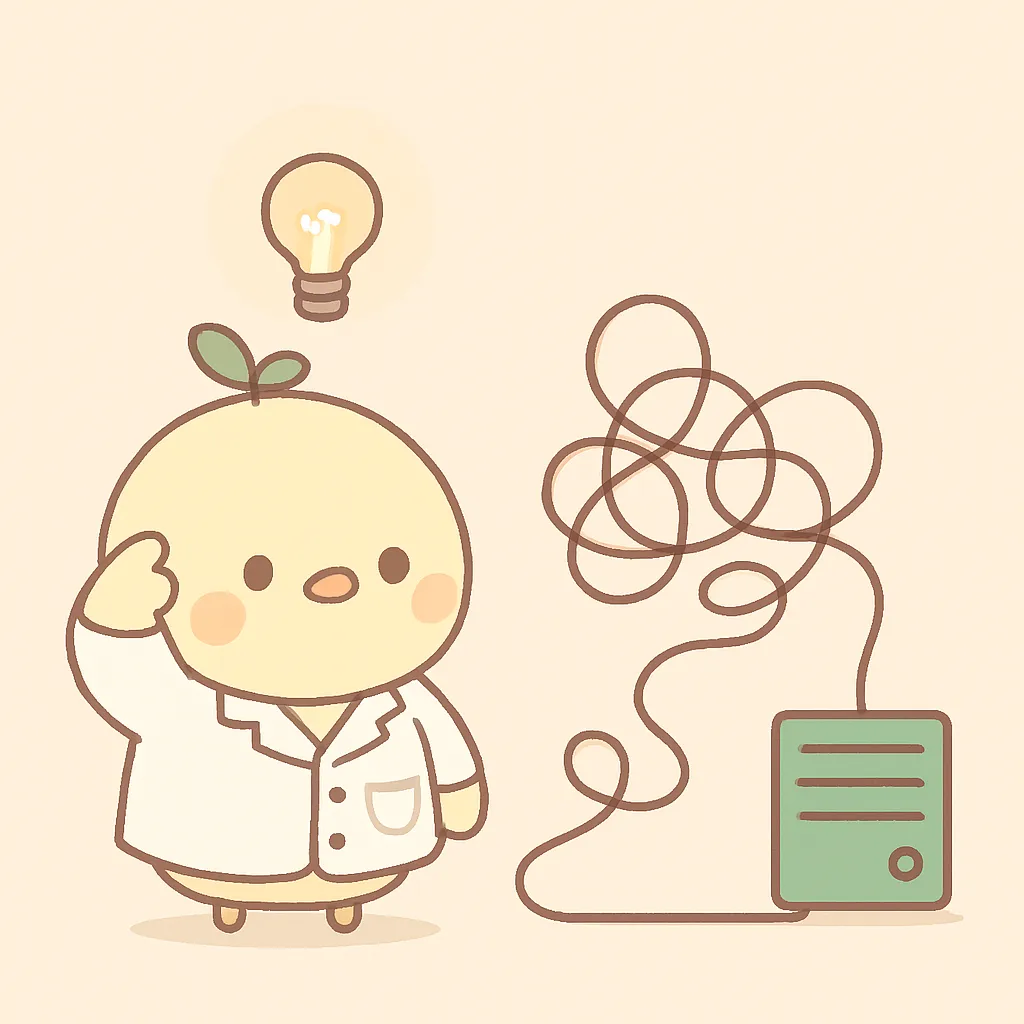 つながらないケーブルに首をかしげることり主任と、ひらめいた様子のイラスト