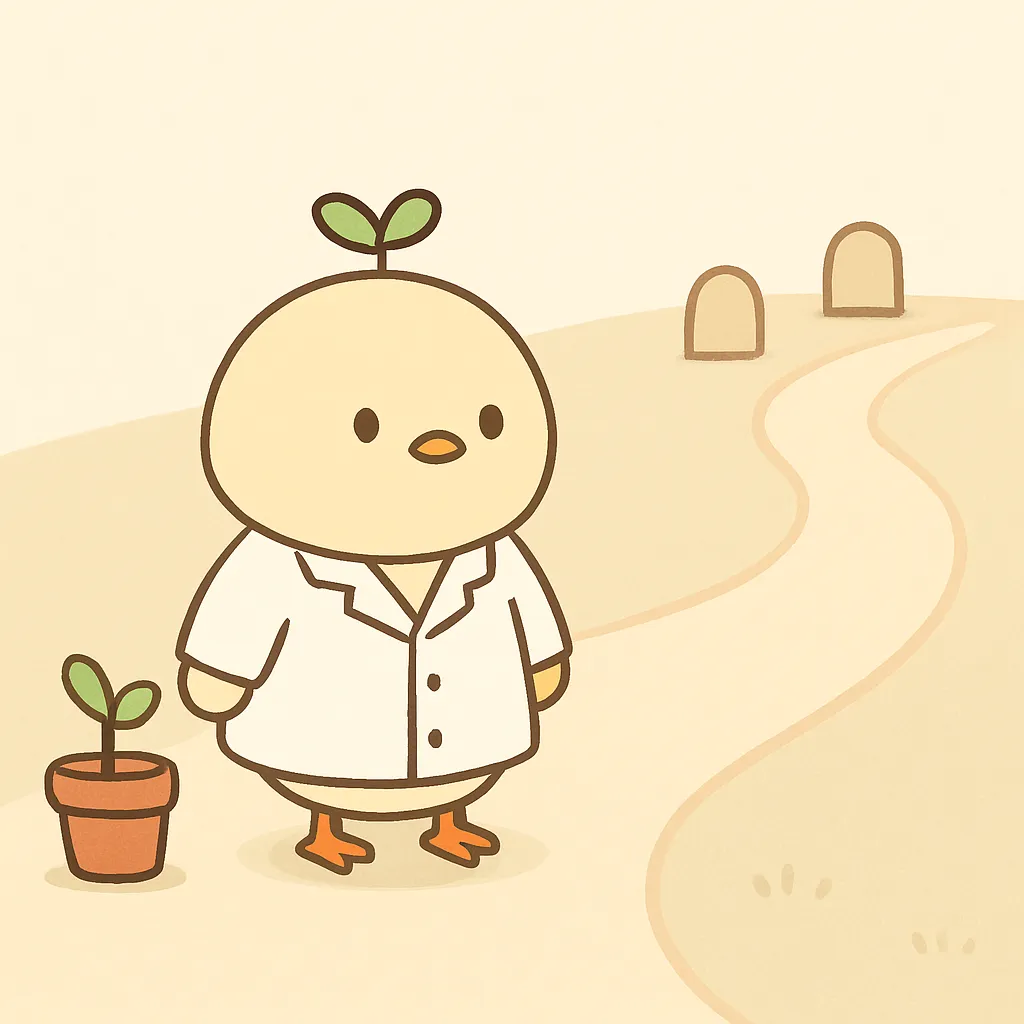 ことり主任が道の先にある目印を見つめ、この先の予定を見据えている様子のイラスト